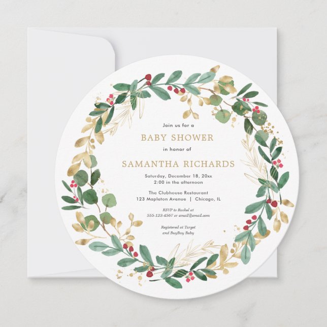 Christmas wreath red burgundy greenery baby shower invitation (Front)