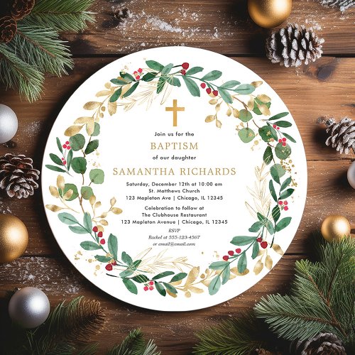 Christmas wreath red burgundy greenery baptism invitation