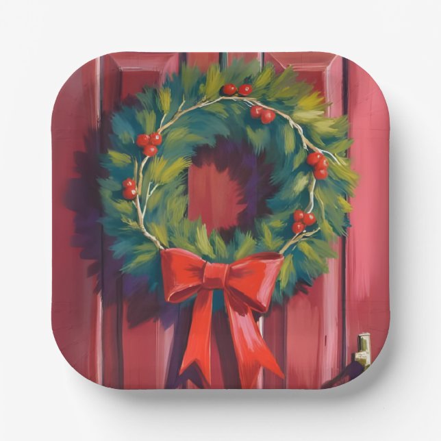 Christmas Wreath Red Door Watercolor Paper Plates