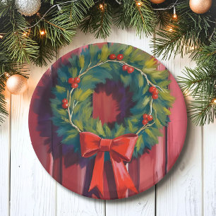 Christmas Wreath Red Door Watercolor Paper Plates