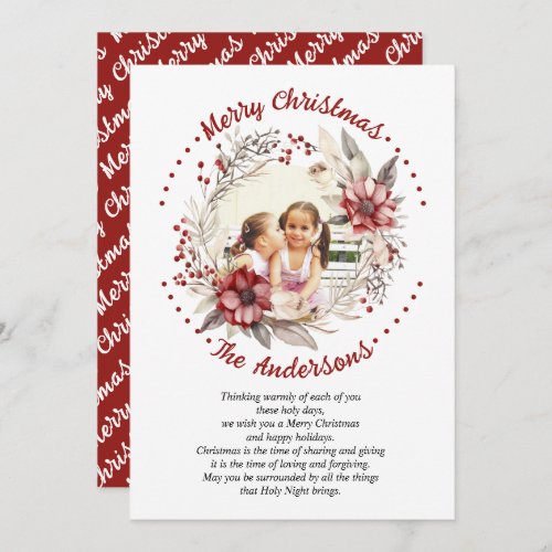 Christmas wreath red flowers and berries photo holiday card