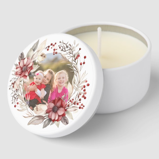Christmas wreath, red flowers and berries photo mini candle favors (Corner)