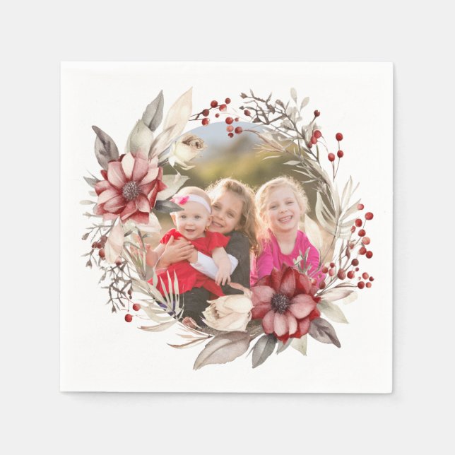 Christmas wreath, red flowers and berries photo napkins (Front)