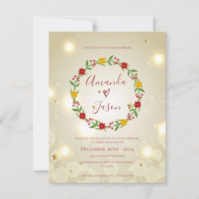 Christmas Wreath Red Green Floral Festive Wedding  Invitation (Front)