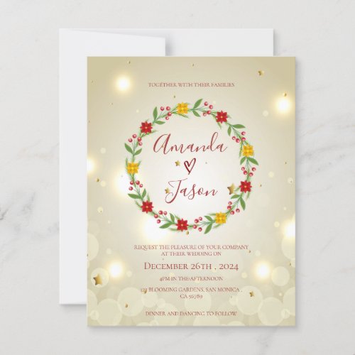 Christmas Wreath Red Green Floral Festive Wedding  Invitation