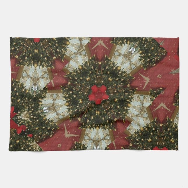 Christmas Wreath Red Green Gold with Red Star Kitchen Towel (Horizontal)