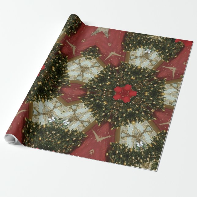 Christmas Wreath Red Green Gold with Red Star Wrapping Paper (Unrolled)