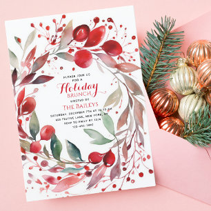 Christmas Wreath Red Green Holiday Brunch Invitation