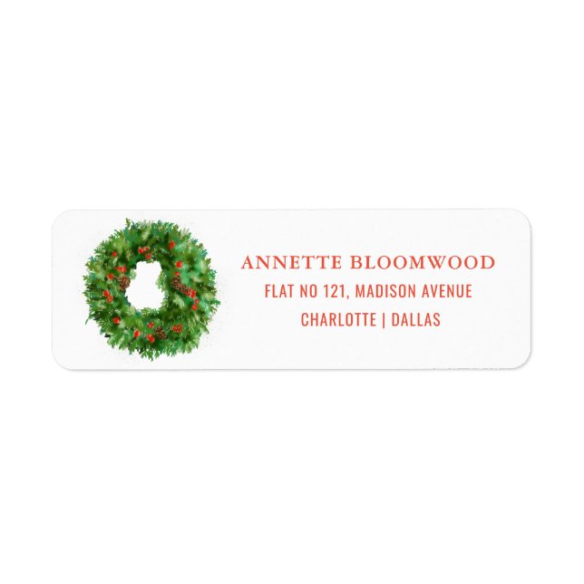 Christmas Wreath Red Green Modern Label (Front)