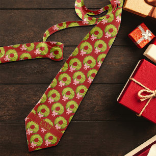 Christmas Wreath Red Green Novelty Add Initials Neck Tie