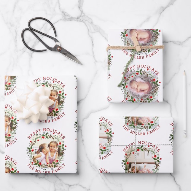 Christmas wreath, red Happy Holidays three photo Wrapping Paper Sheets (Front)