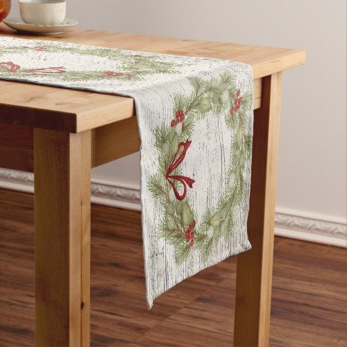 Christmas Wreath Red Holly Berries Simple Greenery Short Table Runner