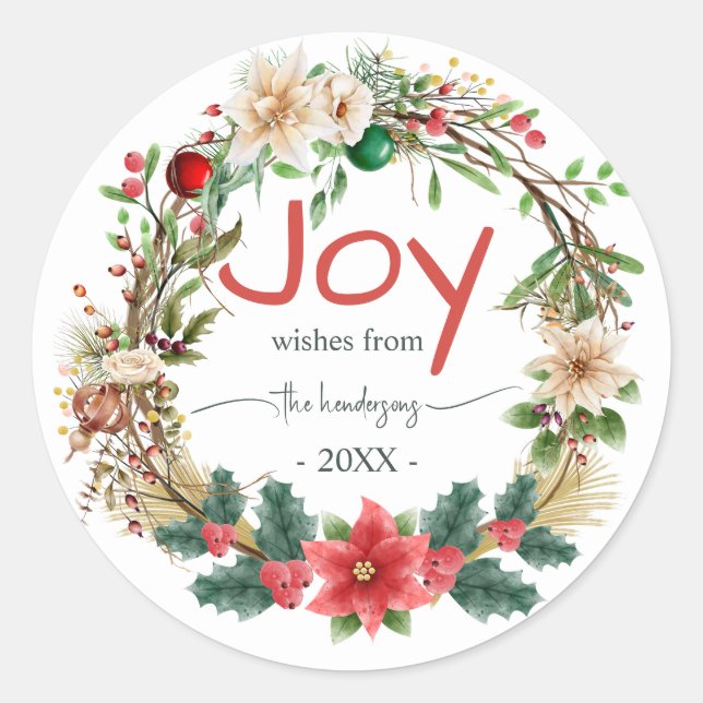 Christmas Wreath  Red Joy Rustic Typography Name  Classic Round Sticker (Front)