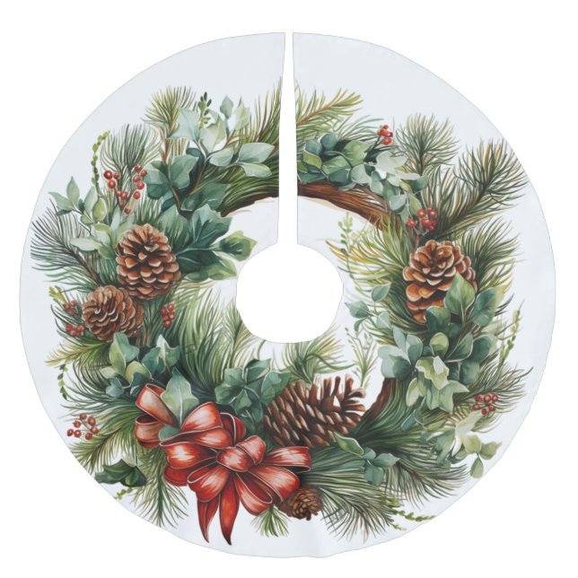 Christmas Wreath Red Ribbon Pine Cones Greenery Brushed Polyester Tree Skirt (Front)