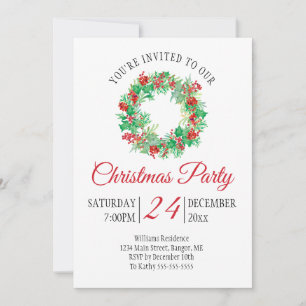 Christmas Wreath Red Script Holiday Party Invitation