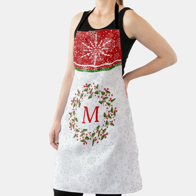 Christmas Wreath & Red Stripe & Snowflakes Apron (Insitu)