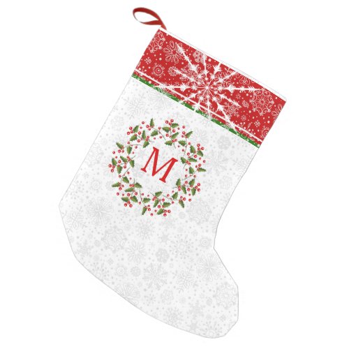 Christmas Wreath  Red Stripe  Snowflakes Small Christmas Stocking