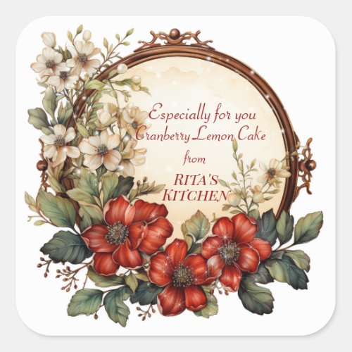 Christmas Wreath Red  White Flowers Sparkle Stars Square Sticker