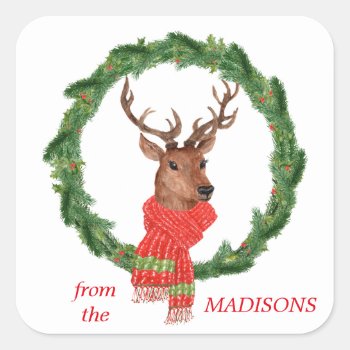 Christmas Wreath Reindeer Square Sticker by SandCreekVentures at Zazzle