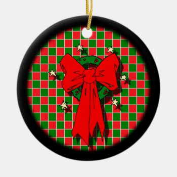 Christmas Wreath Ribbon Ceramic Ornament by OneStopGiftShop at Zazzle