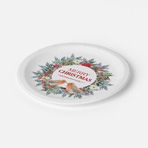 Christmas wreath, Robin birds Merry Christmas text Paper Plates
