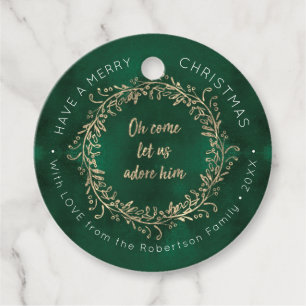 Christmas Wreath Rose Gold Glitter Green w Name Favor Tags