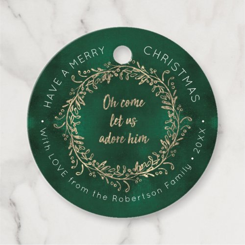 Christmas Wreath Rose Gold Glitter Green w Name Favor Tags