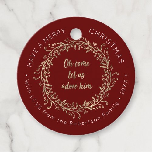 Christmas Wreath Rose Gold Glitter Script w Name Favor Tags