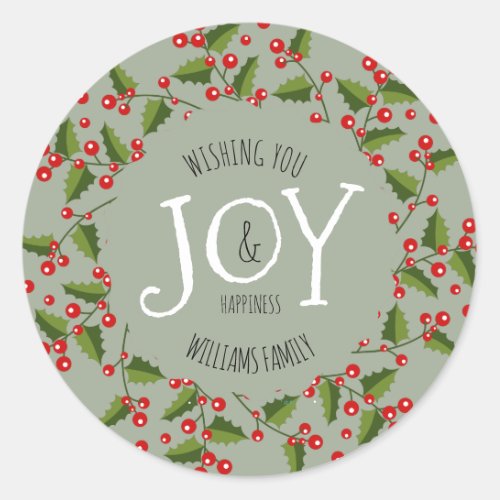 Christmas Wreath Sage_Green Joy Text Template Classic Round Sticker