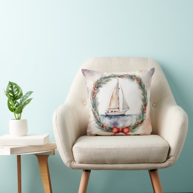 Christmas Wreath Sailboat Watercolor Throw Pillow (Chair)