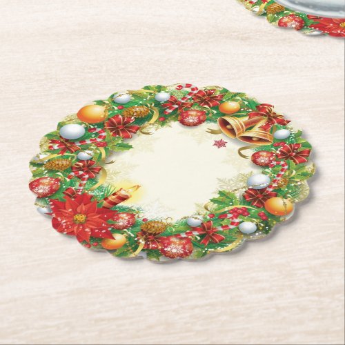 Christmas Wreath Scalloped Round Paper Coaster