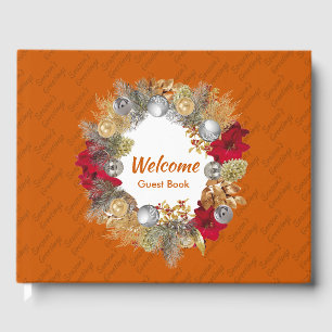 Christmas Wreath SEASON'S GREETINGS Burnt Orange Guest Book