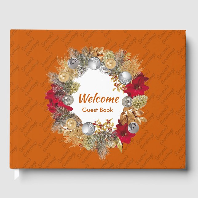 Christmas Wreath SEASON'S GREETINGS Burnt Orange Guest Book (Front)