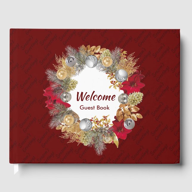 Christmas Wreath SEASONS GREETINGS Custom Burgundy Guest Book (Front)