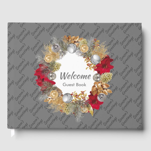 Christmas Wreath SEASON'S GREETINGS Custom Gray Guest Book (Front)