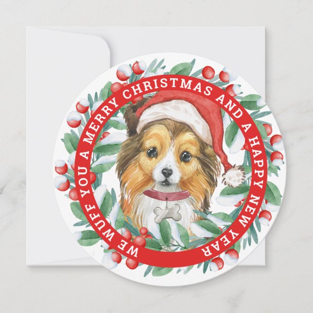 Christmas Wreath Sheltie  Classic Round Sticker Holiday Card (Front)