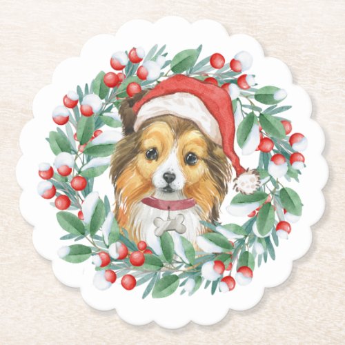 Christmas Wreath Sheltie Paper Coaster