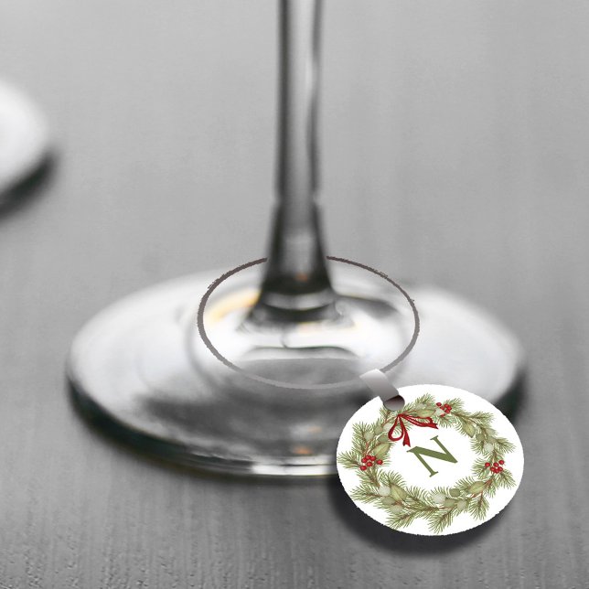 Christmas Wreath Simple Greenery Monogram  Wine Charm (Christmas wreath holiday watercolor monogram wine charms)