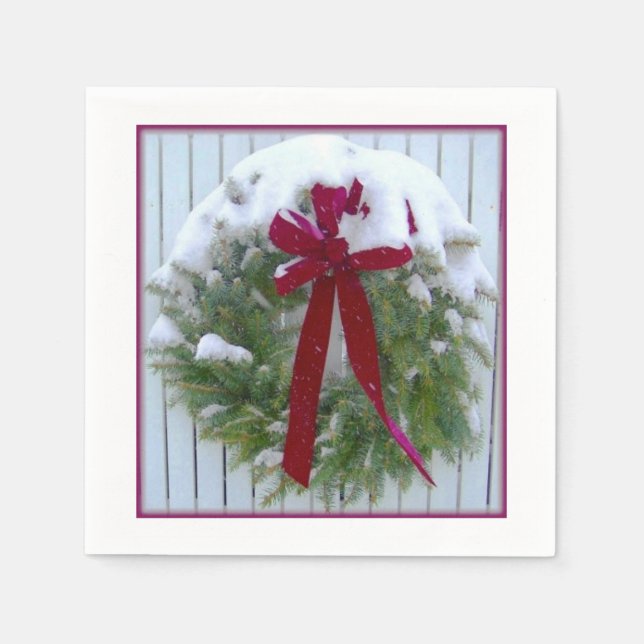 Christmas Wreath Snow Covered Holiday Red Bow Napkins (Front)