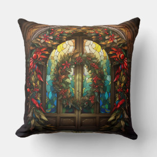Christmas Wreath Stained Glass Throw Pillow