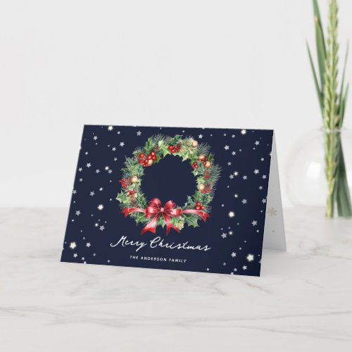 Christmas Wreath Stars Blue Photo Holiday Card