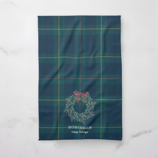 Christmas Wreath Tartan Plaid Family Name Kitchen Towel (Creator Uploaded)