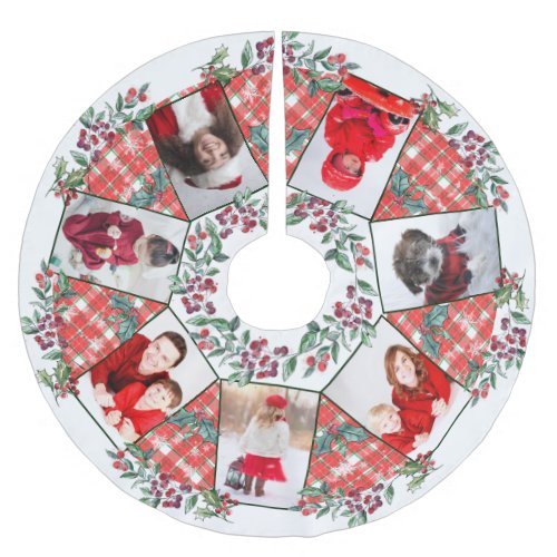 Christmas Wreath Tartan Plaid Family Photo Collage Brushed Polyester Tree Skirt