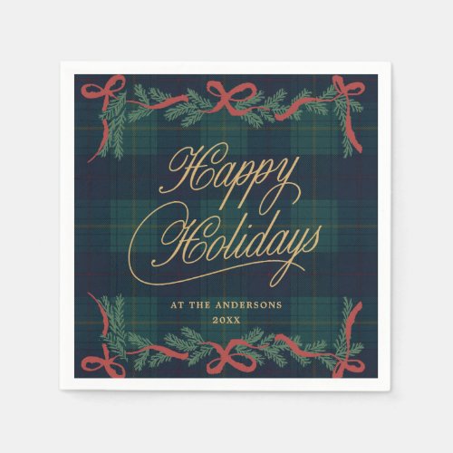 Christmas Wreath Tartan Plaid Holiday Cocktail Napkins