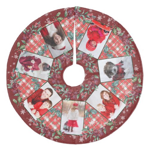 Christmas Wreath Tartan Plaid Photo Collage Dk Red Fleece Tree Skirt