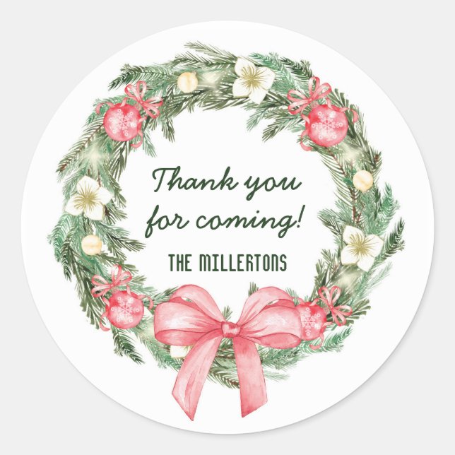 Christmas Wreath thank you party favor Classic Round Sticker (Front)