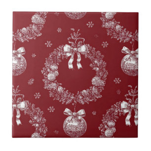 Christmas Wreath Toile on Deep Red Ceramic Tile