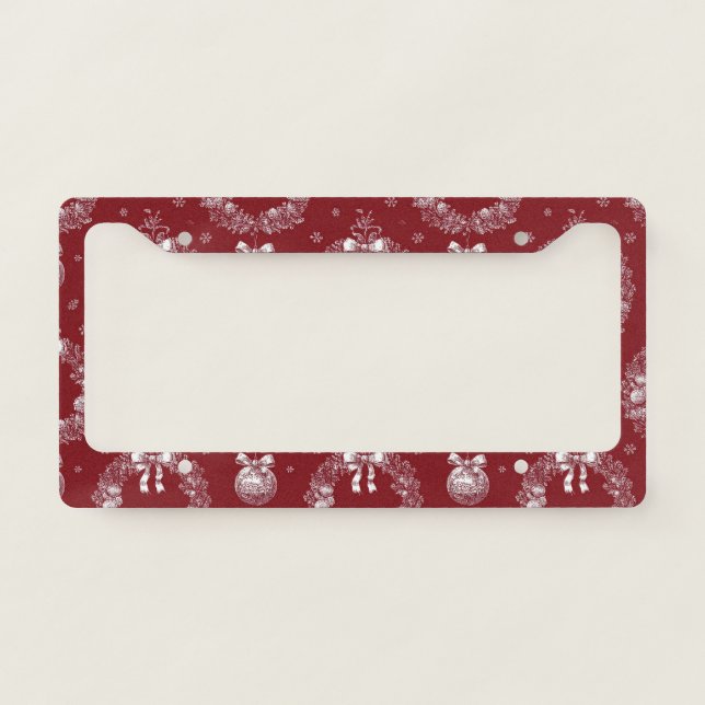 Christmas Wreath Toile on Deep Red License Plate Frame (Front)