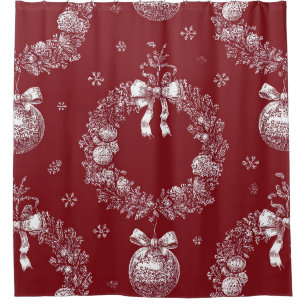 Christmas Wreath Toile on Deep Red Shower Curtain