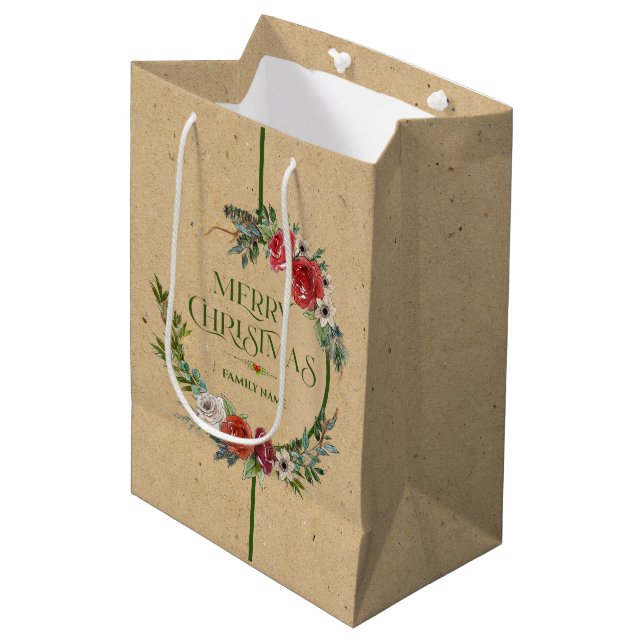 Christmas wreath, typography paper texture medium  medium gift bag (Front Angled)